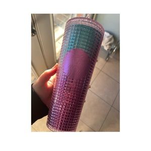 Pink and blue grid Starbucks cup